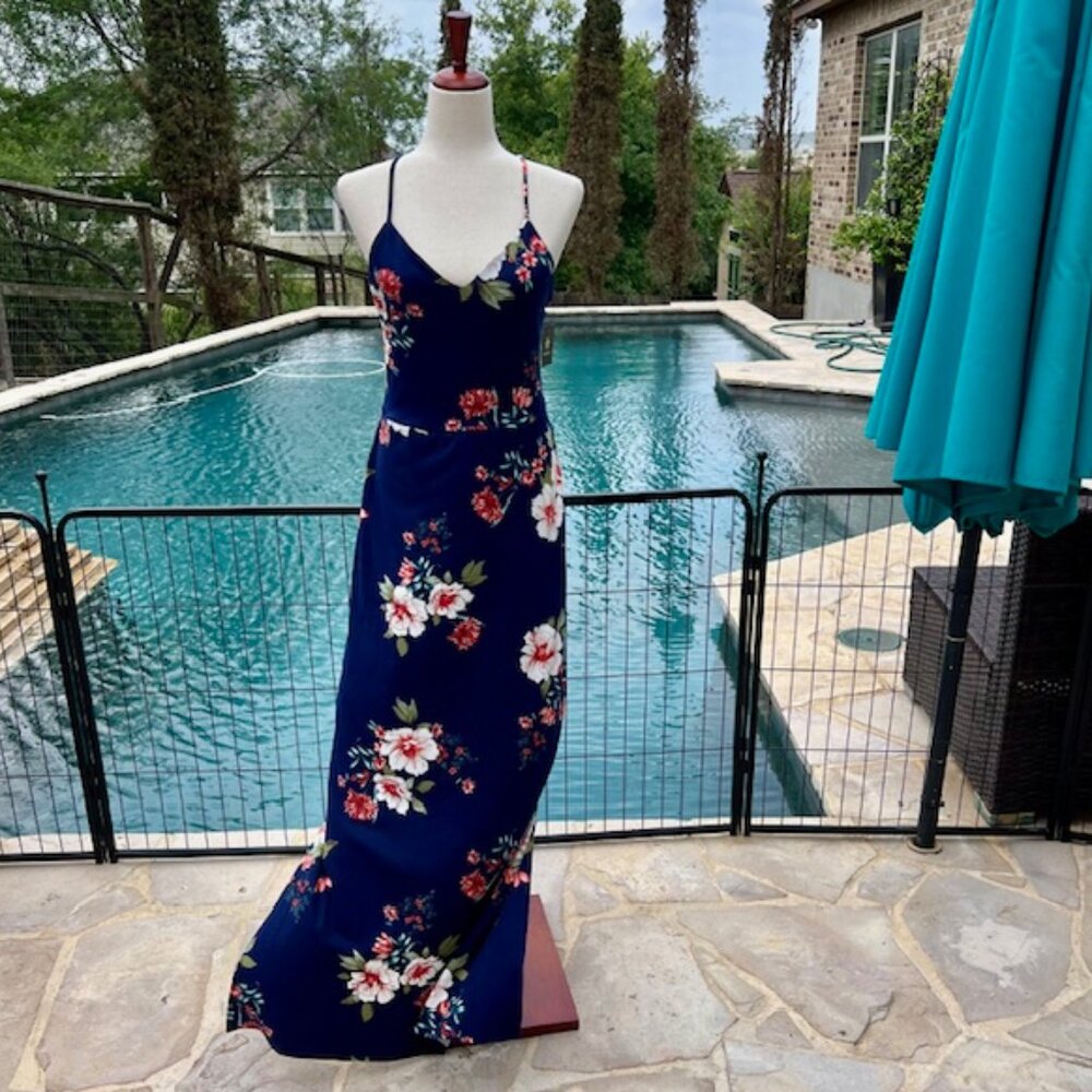 Navy Floral Maxi Dress with Crisscross Back – Size Medium